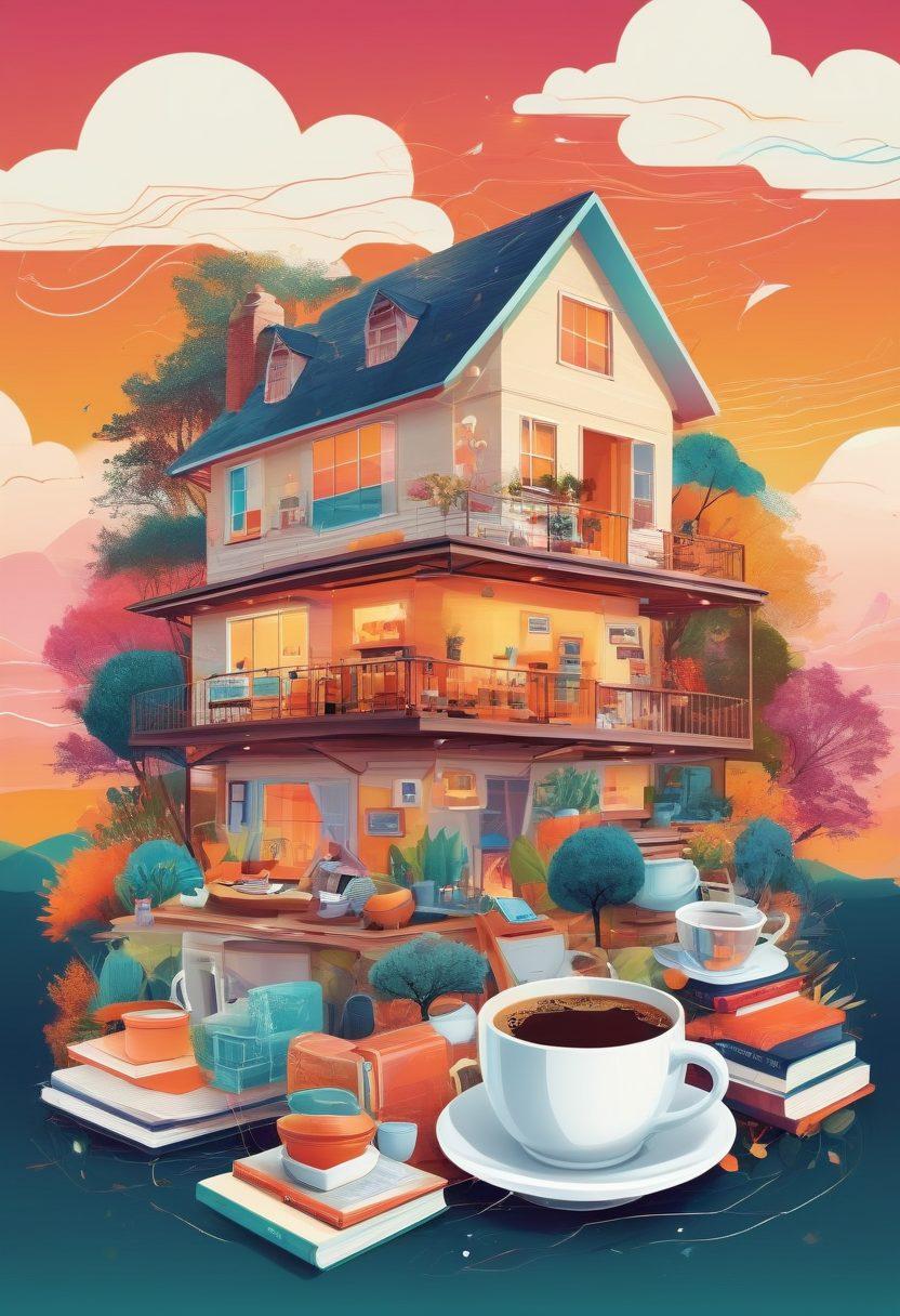 A vibrant collage of a bustling digital landscape, featuring a house surrounded by diverse lifestyle elements like coffee cups, books, and nature, connected by glowing lines symbolizing the blogosphere. Incorporate icons of various blog topics floating around, with bright colors and dynamic movement. A blend of modern technology and cozy, inviting aesthetics. vector art. vibrant colors.