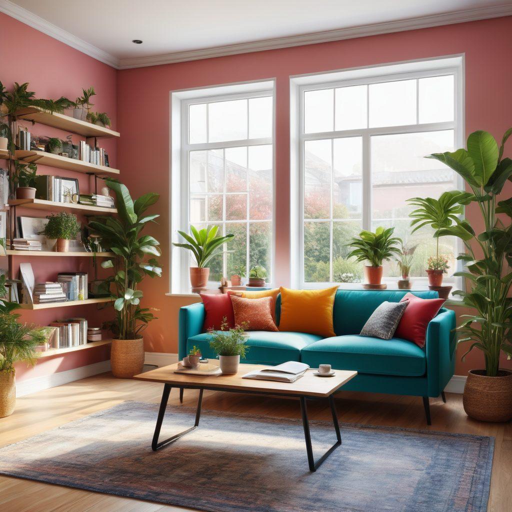 A cozy, modern living room with a stylish sofa, vibrant indoor plants, and colorful decor elements. Open laptop on a coffee table showing a blog page about home and living. Light streaming in from a large window, creating a warm and inviting atmosphere, while books and decorative items adorn the shelves. super-realistic. vibrant colors. soft lighting.