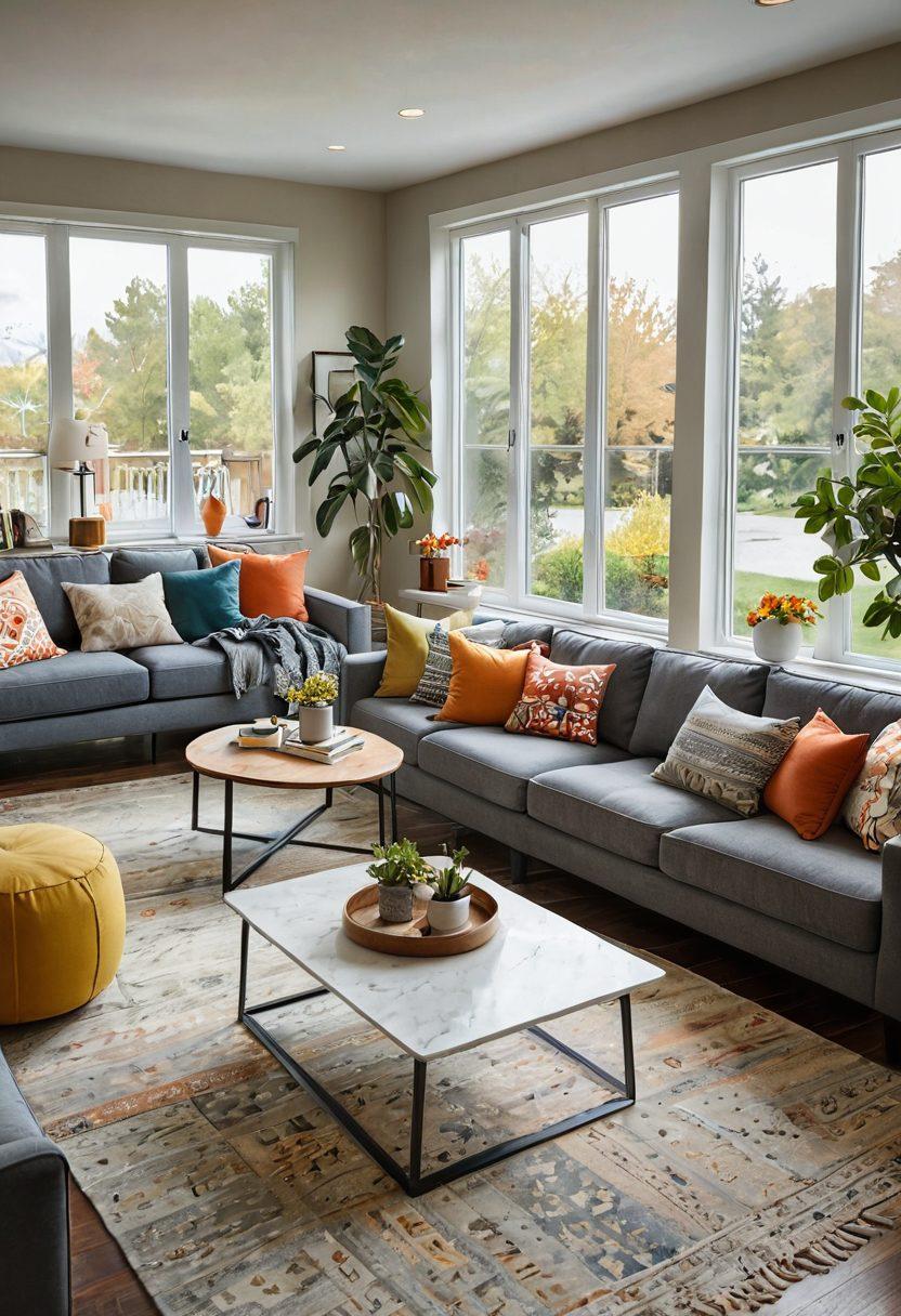 A cozy, well-decorated living room with a comfortable sofa and a large window letting in natural light, featuring a diverse group of people engaged in lively discussions about real estate, with a laptop, coffee cups, and property brochures scattered around. Emphasize warmth, community, and modern design aspects that attract homeowners. colorful and inviting atmosphere, super-realistic, bright colors.